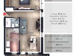 Apartament 2 camere, decomandat, CF, terasa, parcare subterana, boxa — miniatura 5