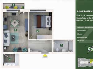 Apartament 2 camere, living cu bucatarie open space, balcon – 50 mp — miniatura 5
