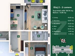 Apartament 2 camere, living cu bucatarie open space, balcon –59 mp u — miniatura 3