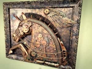 Pegas sculptură steampunk unicorn, inorog tablou 3d unicat — miniatura 3