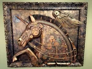 Pegas sculptură steampunk unicorn, inorog tablou 3d unicat — miniatura 5