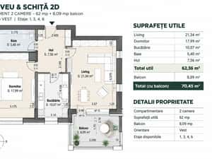 Apartament nou cu 2 camere, 62 mp utili și balcon de 8 mp — miniatura 6