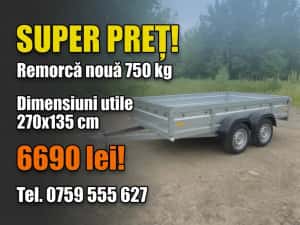 Remorcă nouă 750 kg, 270x135 cm, Dublu Ax, șasiu ranforsat