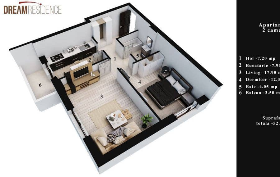 2 camere, 53 mp, Dream Residence — fotografie 1 din 6