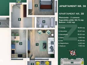 Apartament 2 camere, living cu bucatarie open space, balcon – 59 mp — miniatura 5