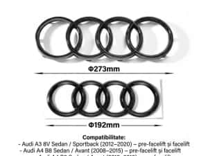 Set Embleme Audi pentru A3 8V, A4 B8, A4 B9 si A5 F5, Fata 273 mm + Spate 192 mm, Negru Lucios — miniatura 10