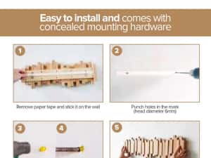 Cuier de perete, Lemn 100% natural, Rezistent, Elegant, Include elemente de fixare — miniatura 3