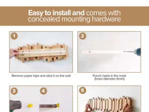 Cuier de perete, Lemn 100% natural, Rezistent, Elegant, Include elemente de fixare — miniatura 8