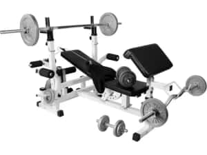 Banca multifunctionala alba + set greutati fonta, 108 kg