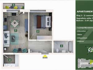 Apartament 2 camere, living cu bucatarie open space, balcon – 50 mp — miniatura 5