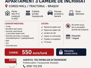 Inchiriere apartament 3 camere cu gradina Tractor Brasov