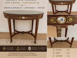 Masă consolă stil Empire / Napoleon III, bronz și porțelan, lemn masiv