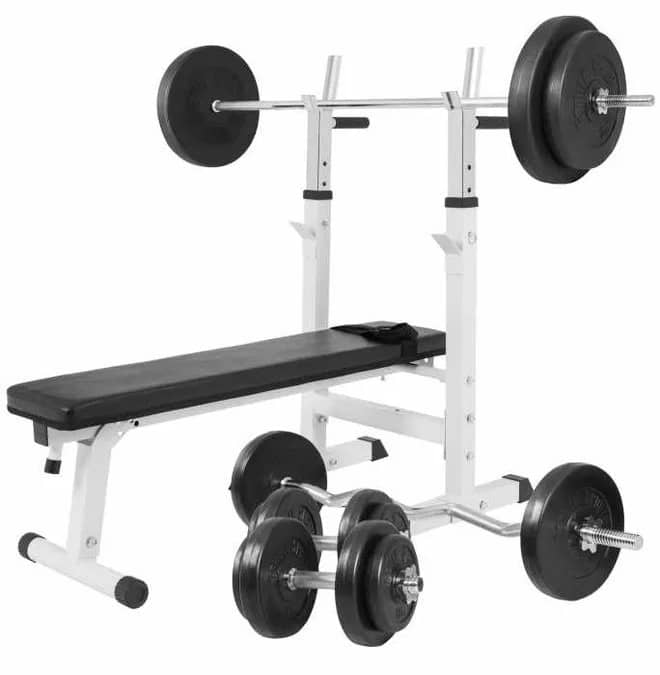 Pachet complet fitness , bancă de piept, set de bare + discuri 100kg — fotografie 1 din 10
