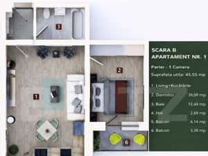 Apartament 2 camere, living cu bucatarie open space, balcon –45 mp u — miniatura 3