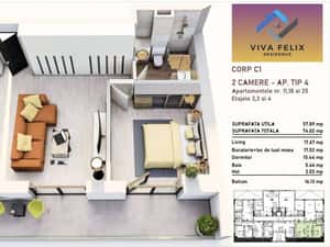 Apartament 2 camere, living spatios, finisat, VIVA RESIDENCE FELIX — miniatura 6